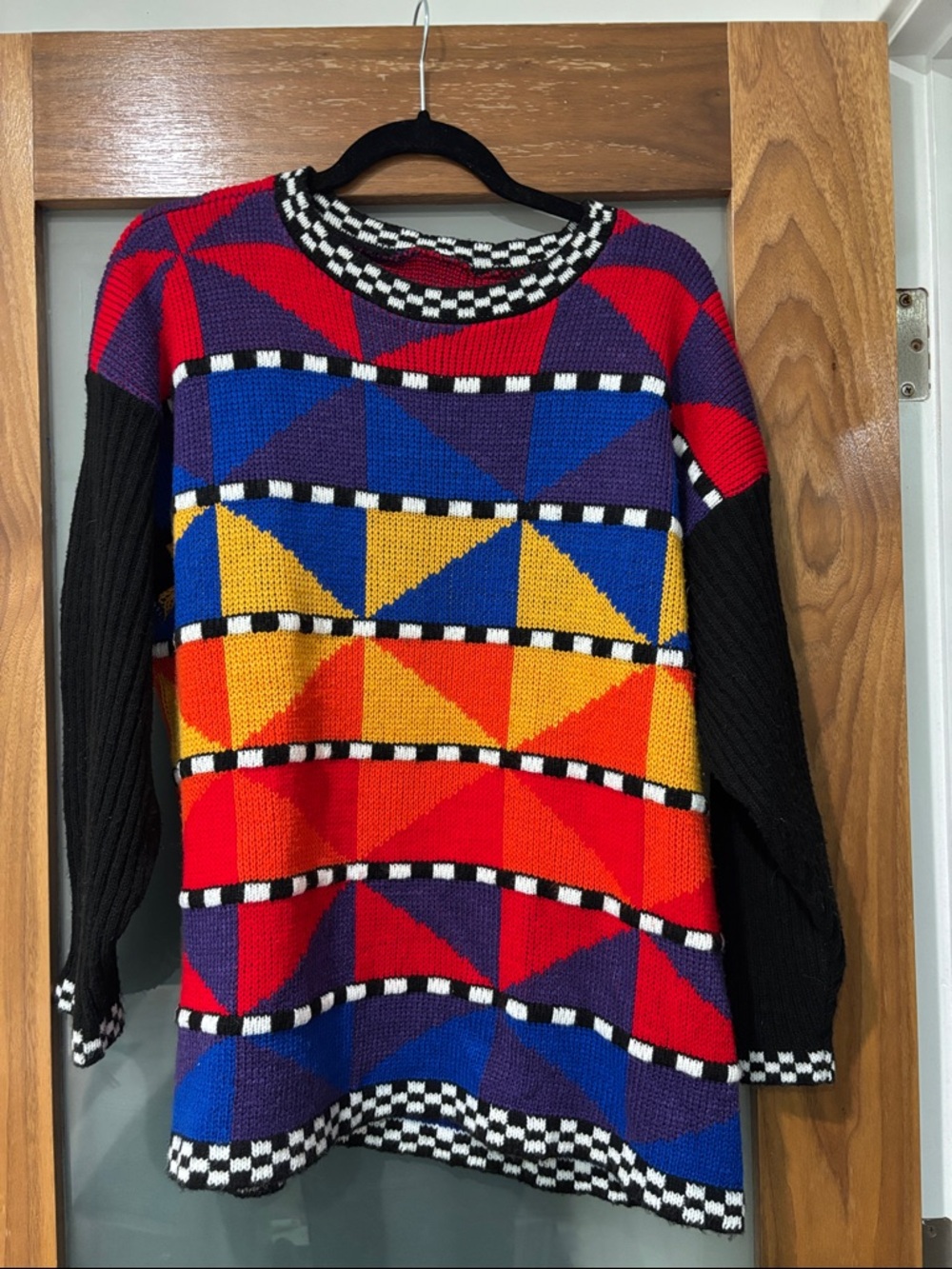 Vintage Geometric Colorblock Sweater - Red, Blue, Yellow, Purple, Black